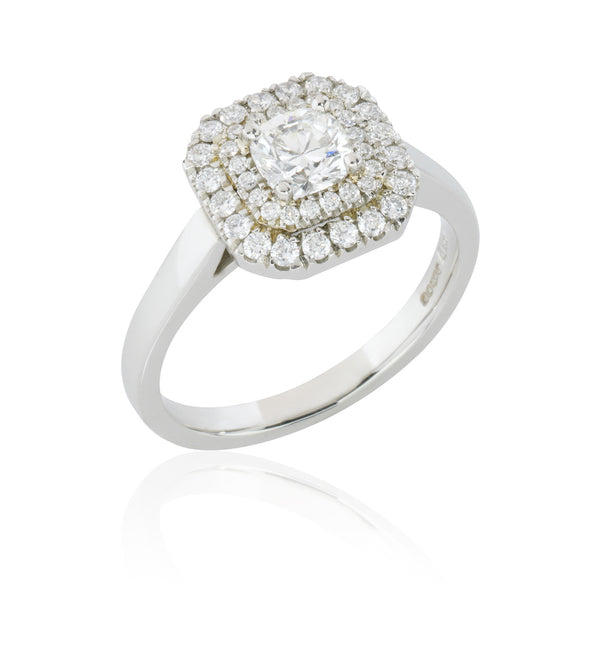 Platinum Cushion Cut and Round Brilliant Cut Diamond Double Halo Cluster Ring