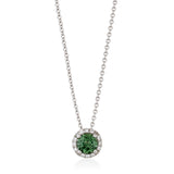 18ct White Gold Four Claw Set Round Cut Green Tourmaline and Diamond Halo Cluster Pendant