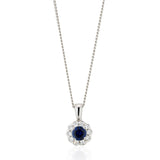 18ct White Gold Round Cut Sapphire and Diamond Halo Cluster Pendant and Chain