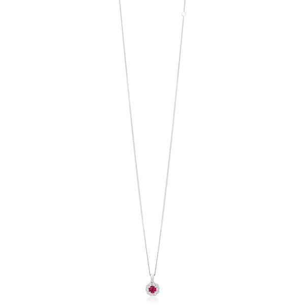 18ct White Gold Four Claw Set Round Cut Ruby and Round Brilliant Cut Diamond Floral Cluster Pendant