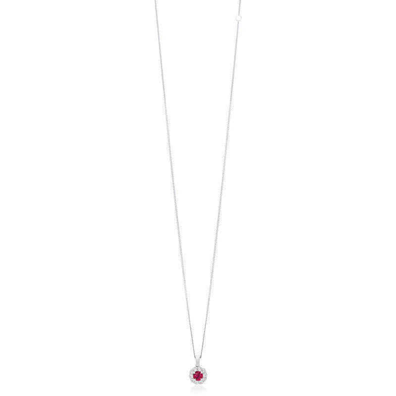 18ct White Gold Four Claw Set Round Cut Ruby and Round Brilliant Cut Diamond Floral Cluster Pendant