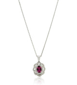 18ct White Gold Oval Cut Rubellite and Diamond Double Cluster Halo Pendant and Chain