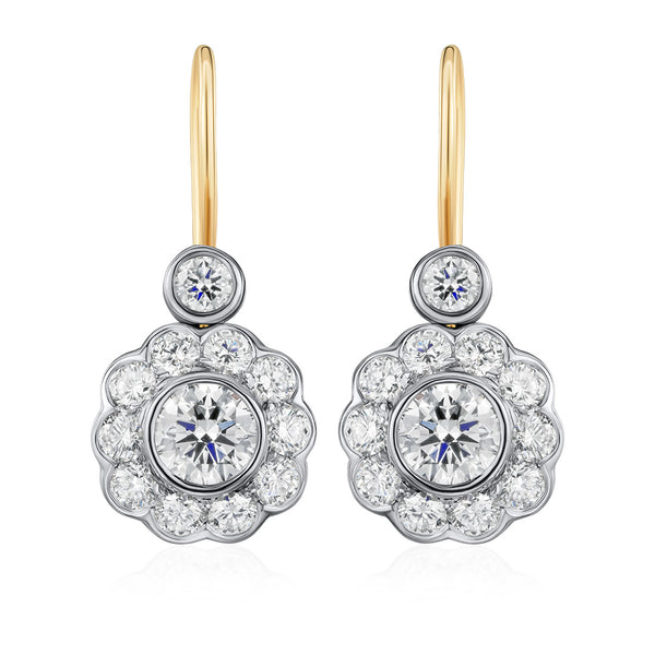 18ct White and Yellow Gold Rub Set Round Brilliant Cut Diamond Cluster Drop Earrings