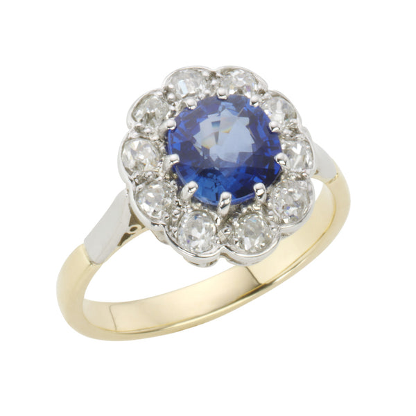 Antique Retro 18ct Yellow and White Gold Sapphire and Old Cut Diamond Cluster Ring