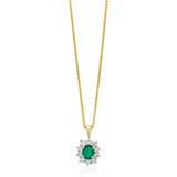 18ct Yellow and White Gold Oval Cut Emerald and Diamond Halo Cluster Pendant and Chain