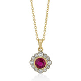 18ct Yellow and White Gold Milgrain Edge Rub Set Round Cut Ruby and Diamond Halo Cluster Pendant and