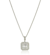 18ct White Gold Grain Set Baguette Cut Diamond and Round Brilliant Cut Double Halo Pendant and Chain