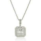 18ct White Gold Grain Set Baguette Cut Diamond and Round Brilliant Cut Double Halo Pendant and Chain