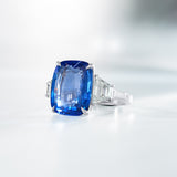 Platinum Three Stone Four Claw Set Long Cushion Cut Sapphire and Trapeze Cut Diamond Ring