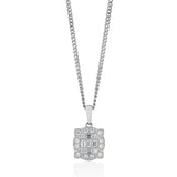 18ct White Gold Four Claw Set Baguette Cut Diamond and Round Brilliant Cut Cluster Pendant and Chain
