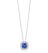 8ct White Gold Cushion Cut Tanzanite and Diamond Halo Cluster Pendant and Chain