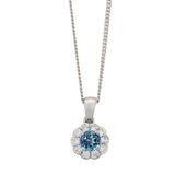 18ct White Gold Round Cut Aquamarine and Diamond Floral Cluster Pendant and Chain