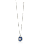 18ct White Gold Milgrain Edge Rub Set Sapphire and Diamond Halo Cluster Pendant and Chain