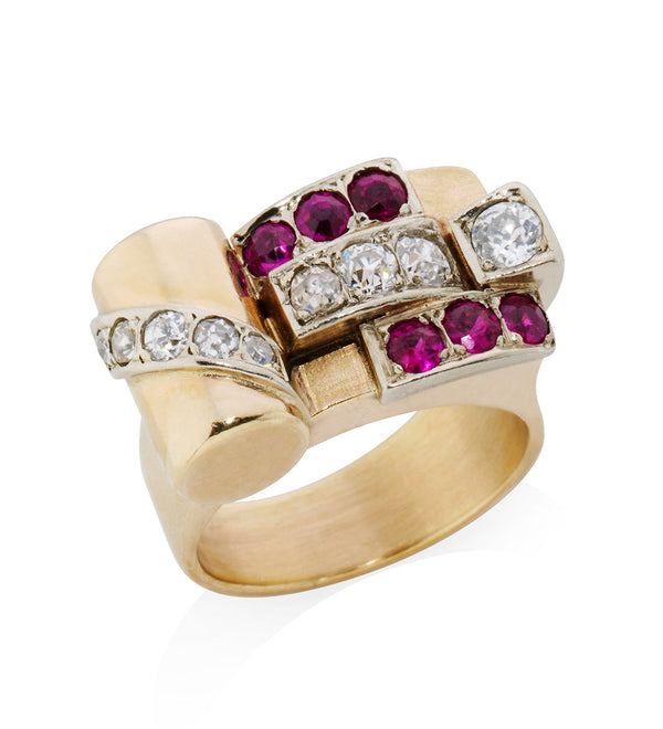 Antique Yellow Gold Old Cut Diamond and Round Cut Ruby Cocktail Ring