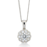 18ct White Gold Four Claw Set Round Brilliant Cut Diamond Floral Cluster Pendant and Chain