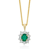 18ct Yellow and White Gold Oval Cut Emerald and Diamond Halo Cluster Pendant and Chain