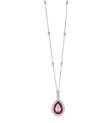 18ct White Gold Milgrain Edge Rub Set Pear Cut Diamond and Ruby Cluster Pendant and Chain