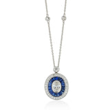 18ct White Gold Milgrain Edge Rub Set Sapphire and Diamond Halo Cluster Pendant and Chain