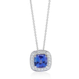 8ct White Gold Cushion Cut Tanzanite and Diamond Halo Cluster Pendant and Chain