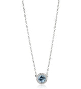 18ct White Gold Round Brilliant Cut Aquamarine and Diamond Halo Pendant and Chain