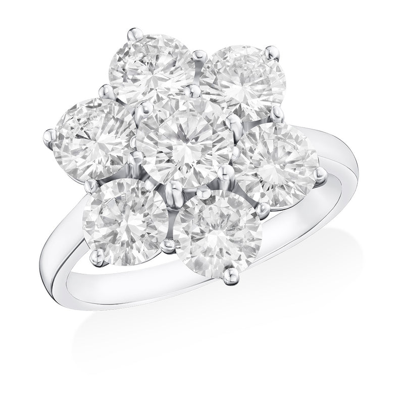 Platinum Six Claw Set Round Brilliant Cut Diamond Floral Cluster Ring