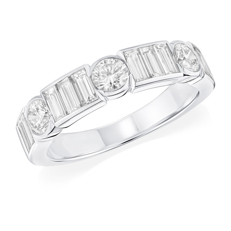 Platinum Rub Set Baguette Cut and Round Brilliant Cut Diamond Half Eternity Ring