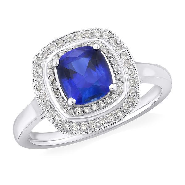 Platinum Cushion Cut Sapphire and Diamond Double Halo Cluster Ring