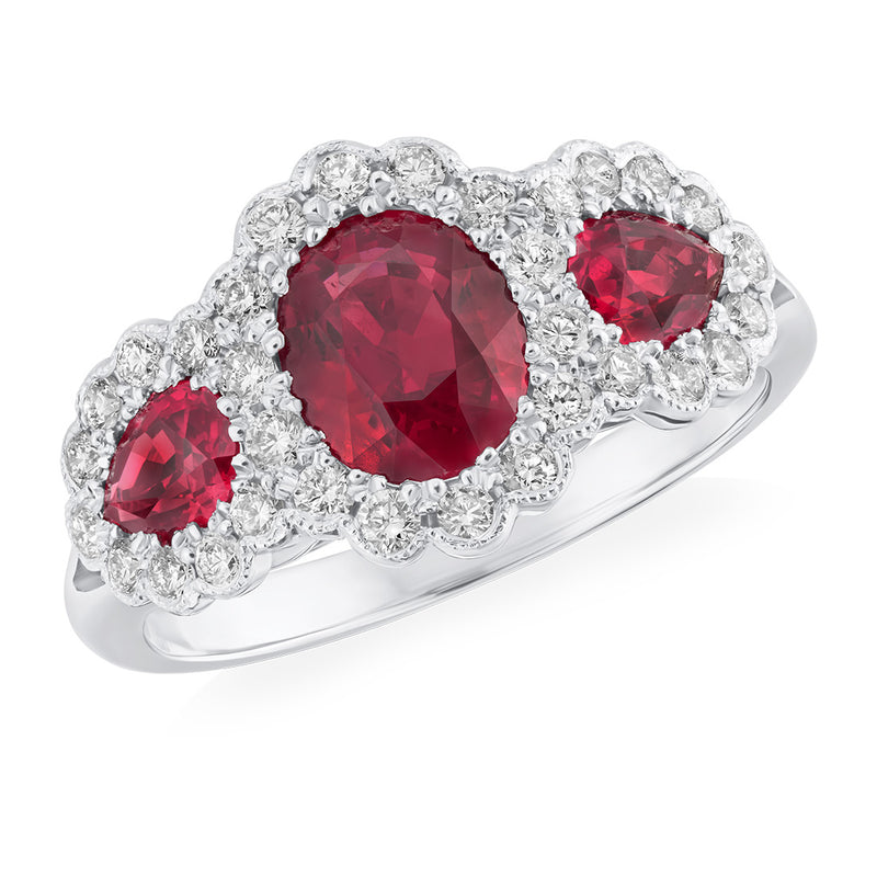 Platinum Three Stone Claw Set Oval Cut Ruby and Round Brilliant Cut Diamond Ring