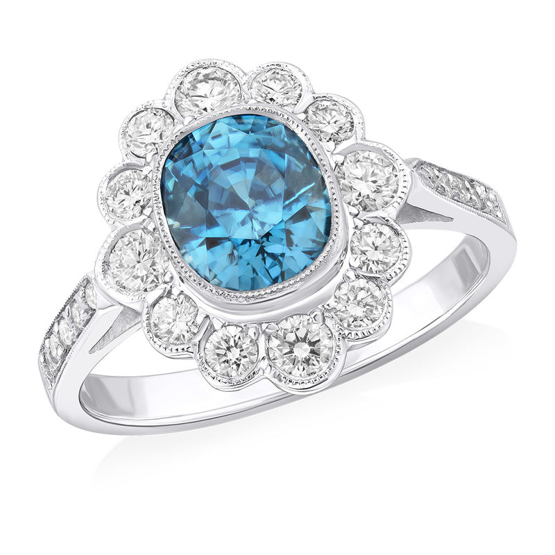 18ct White Gold Oval Cut Rub Set Blue Zircon and Diamond Halo Cluster Ring