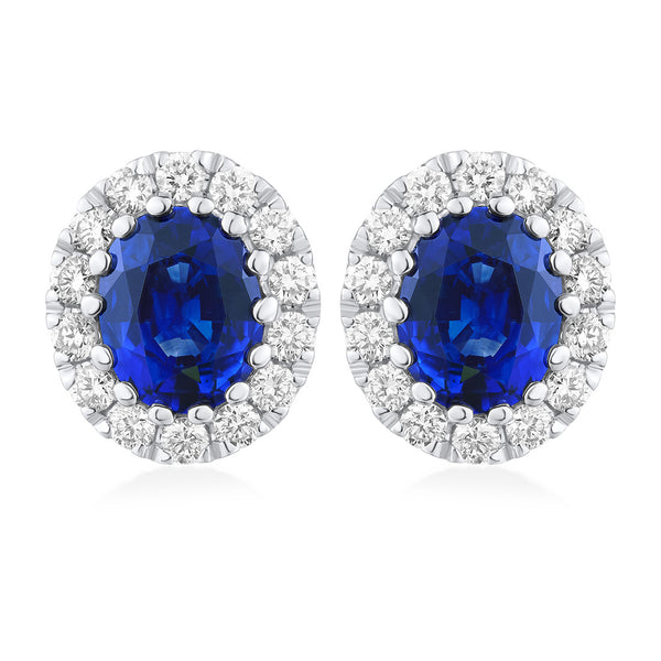 18ct White Gold Grain Set Oval Cut Sapphire and Round Brilliant Cut and Diamond Halo Cluster Stud Earrings