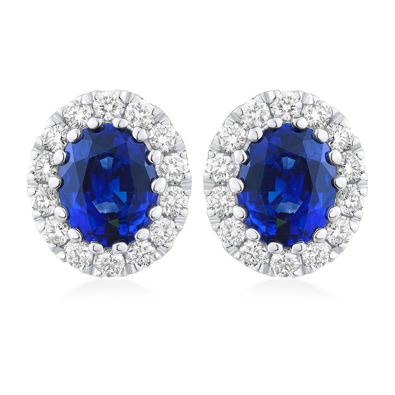 18ct White Gold Grain Set Oval Cut Sapphire and Round Brilliant Cut and Diamond Halo Cluster Stud Earrings