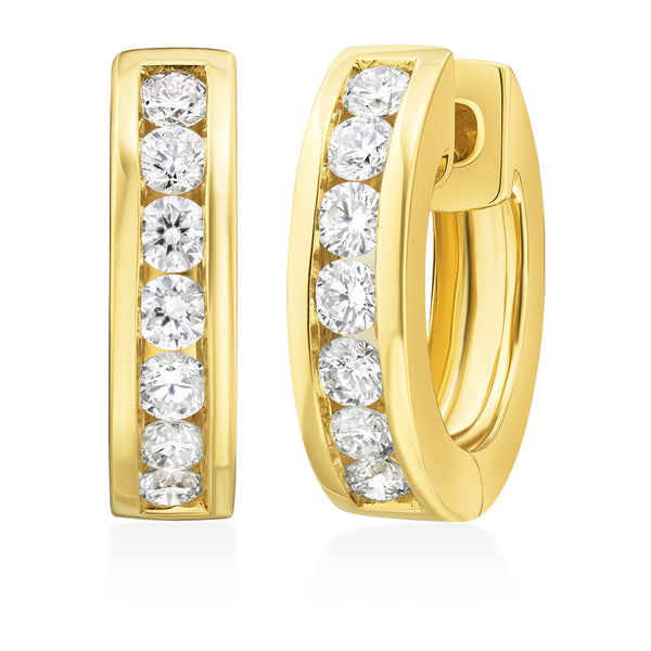 18ct Yellow Gold Channel Set Round Brilliant Cut Diamond Hoop Earrings