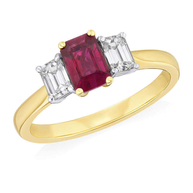 18ct Yellow and White Gold Three Stone Four Claw Set Emerald Cut Ruby and Emerald Cut Diamond Ring