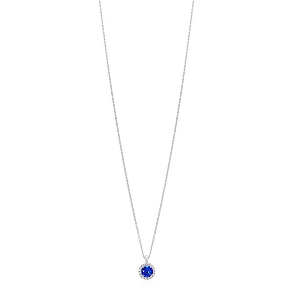 18ct White Gold Four Claw Set Round Cut Sapphire and Round Brilliant Cut Diamond Halo Cluster Pendant and Chain