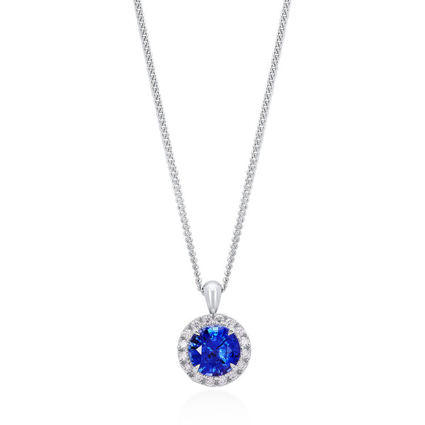 18ct White Gold Four Claw Set Round Cut Sapphire and Round Brilliant Cut Diamond Halo Cluster Pendant and Chain