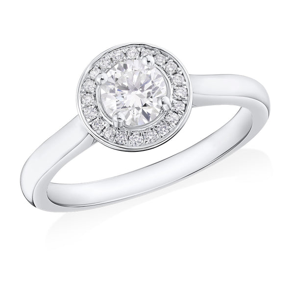 Platinum Four Claw Set Round Brilliant Cut Diamond Halo Cluster Ring