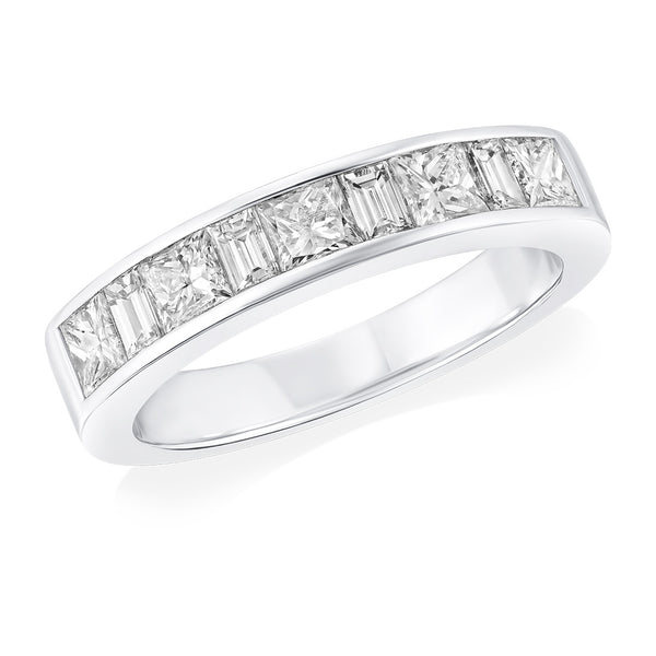 Platinum Channel Set Princess Cut and Baguette Cut Diamond Half Eternity Ring