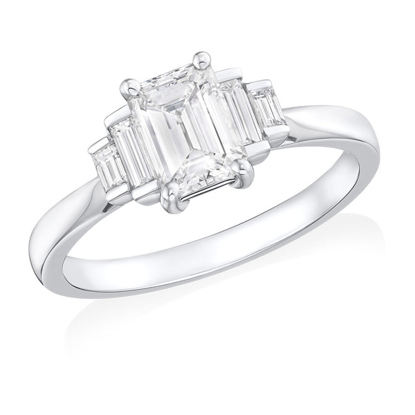 Platinum Five Stone Four Claw Set Emerald Cut and Baguette Cut Diamond Ring