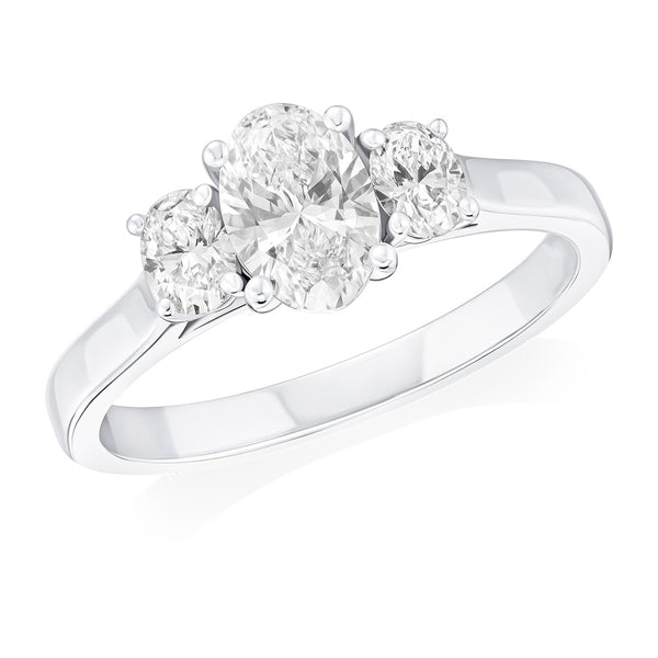 Platinum Three Stone Four Claw Set Oval Cut Diamond Ring with Plain Shoulders