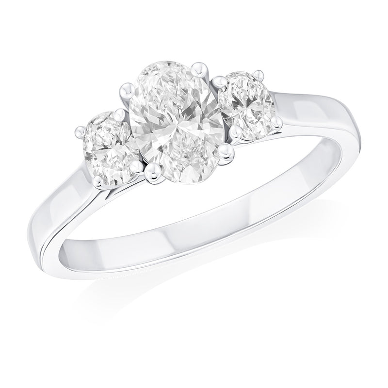 Platinum Three Stone Four Claw Set Oval Cut Diamond Ring with Plain Shoulders