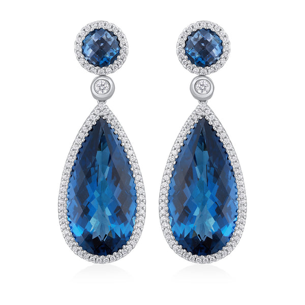 18ct White Gold Milgrain Edge Grain Set Pear Cut London Blue Topaz and Round Cut Diamond Halo Cluster Drop Earrings
