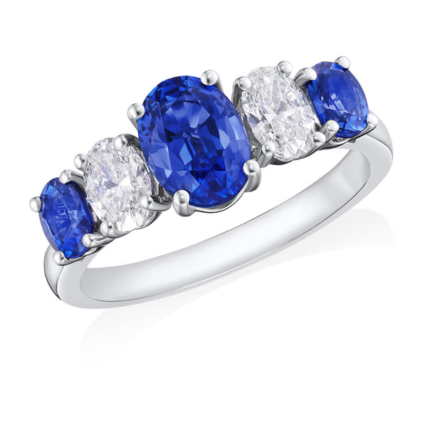Platinum Five Stone Four Claw Set Oval Cut Sapphire and Oval Cut Diamond Ring