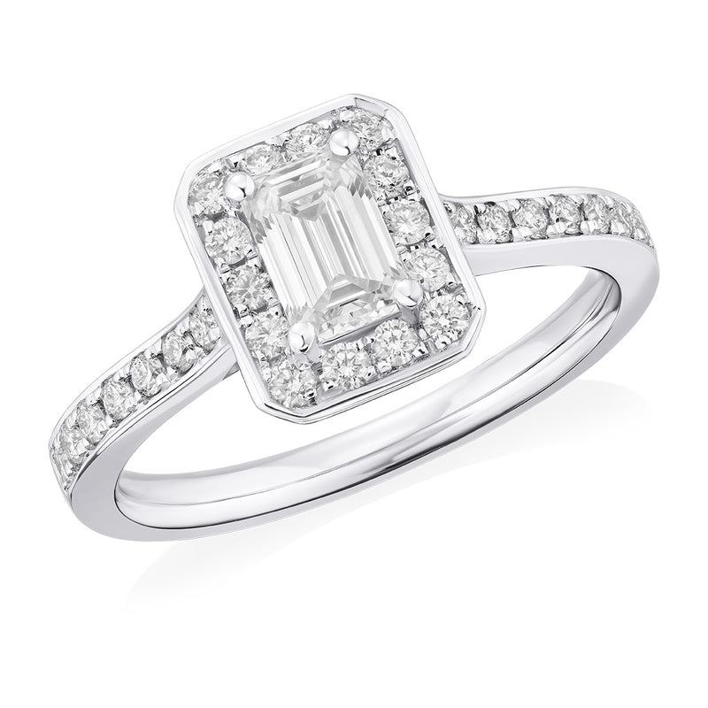 Platinum Four Claw Set Emerald Cut Diamond and Round Brilliant Cut Diamond Halo Cluster Ring