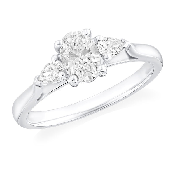 Platinum Three Stone Four Claw Set Oval Cut Diamond and Pear Shaped Ring