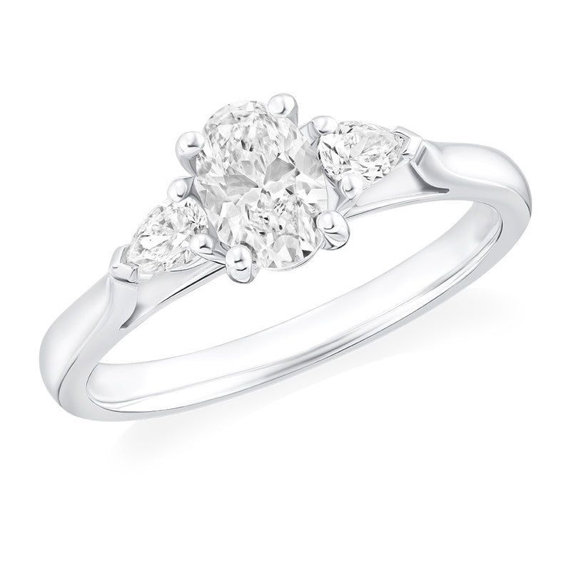 Platinum Three Stone Four Claw Set Oval Cut Diamond and Pear Shaped Ring