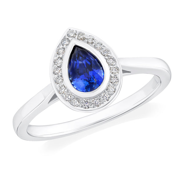 Platinum Rub Set Pear Cut Sapphire and Round Brilliant Cut Diamond Halo Cluster Ring