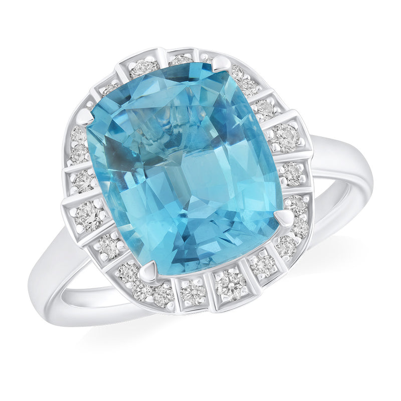 18ct White Gold Four Claw Set Long Cushion Cut Aquamarine and Round Brilliant Cut Diamond Halo Cluster Ring