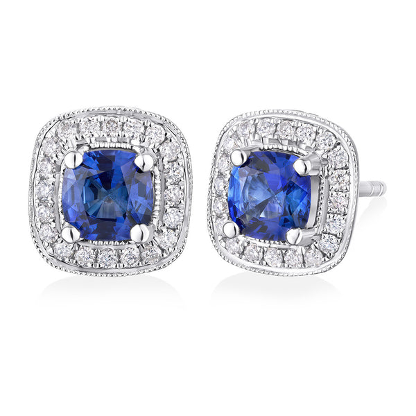 18ct White Gold Cushion Cut Sapphire and Round Brilliant Cut Diamond Halo Cluster Stud Earrings
