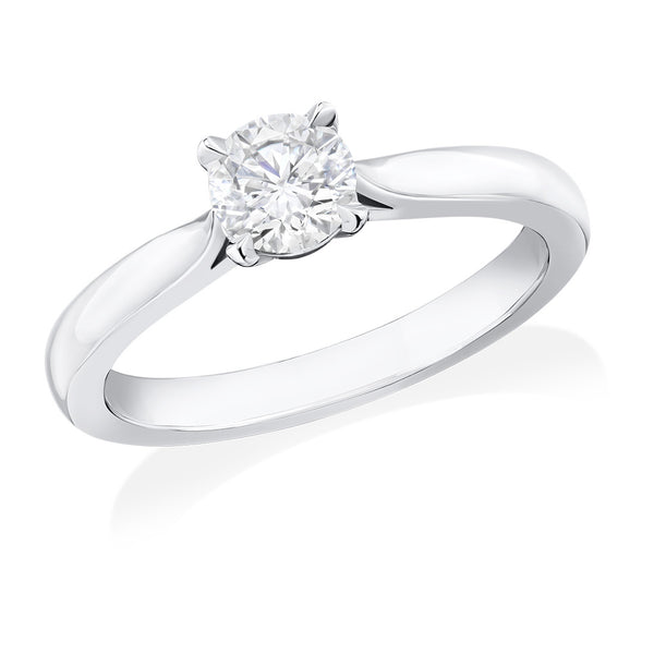 Mallory Victoria Platinum Solitaire Four Claw Set Round Brilliant Cut Diamond Ring with Tapered Shoulders