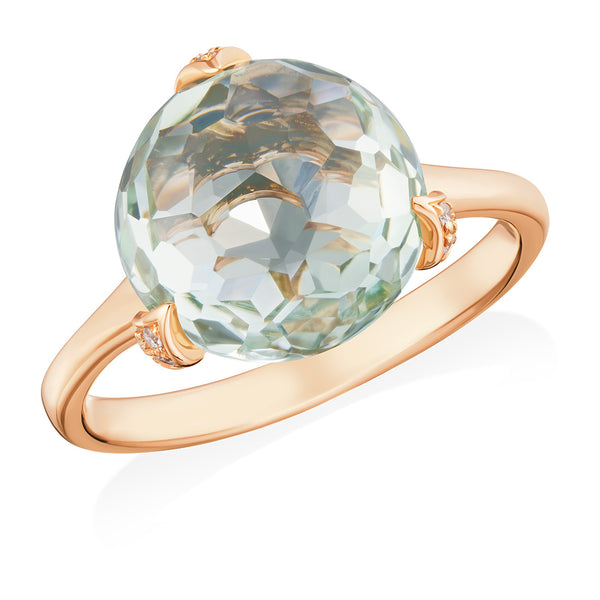18ct Rose Gold Three Claw Set Multi-Faceted Cut Green Amethyst and Round Brilliant Cut Diamond Ring
